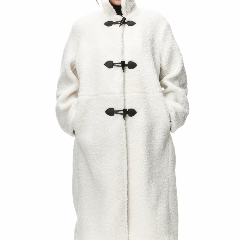 H&M White Teddy Jacket with High Collar and Toggle Closures